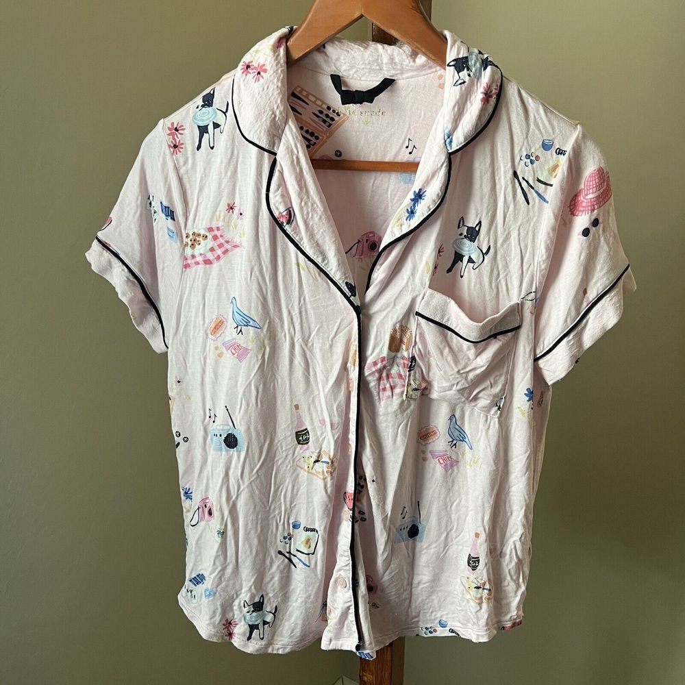 Kate Spade Picnic Pajama Top Shirt Button Modal Stretch Sleep Pink Dog Sz Medium